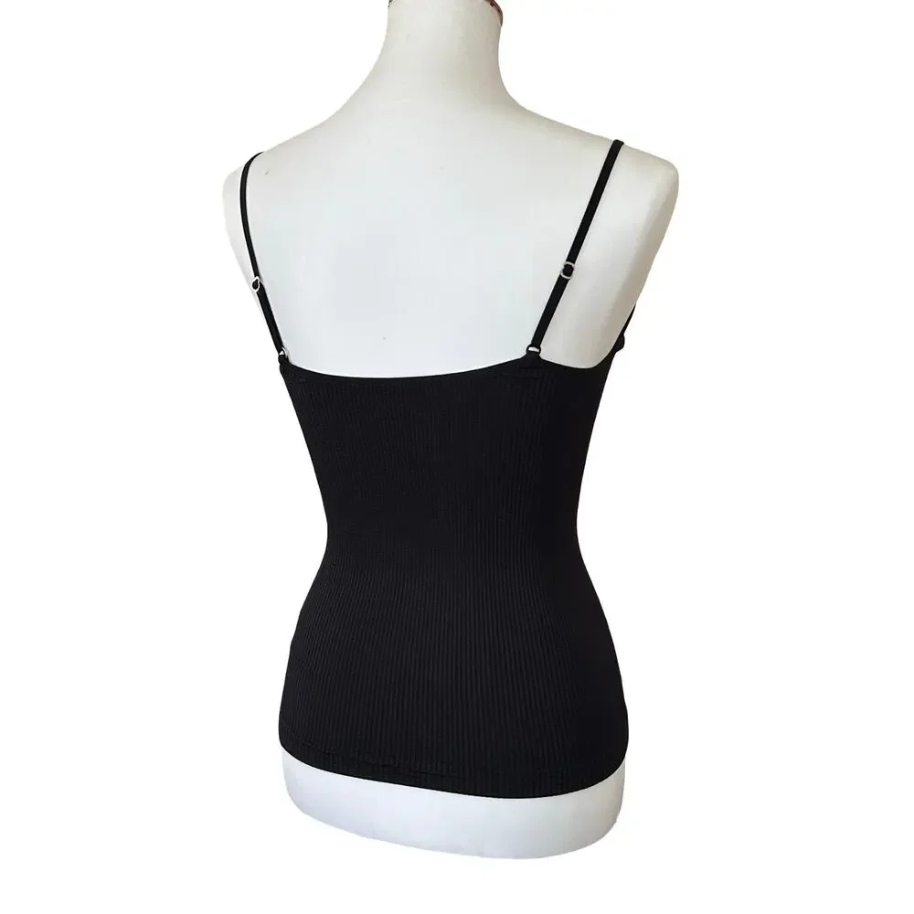 Free People Keep It Sleek Cami Ribbed Plunging V Mesh Top, Black XS/S